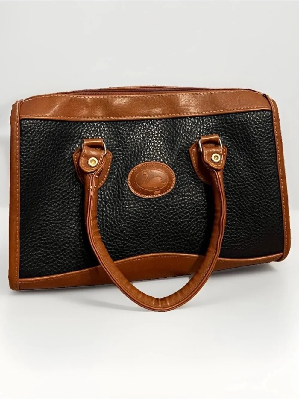 Dooney & Bourke Navy & Brown Satchel Top Handle Zip, Bag Charm, Gold HW